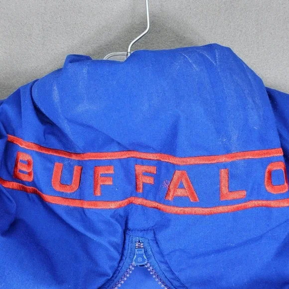 FLAWS** Vintage 90s Buffalo Bills NFL Jacket XL Parka Triple FAT‎ Goose Blue Red